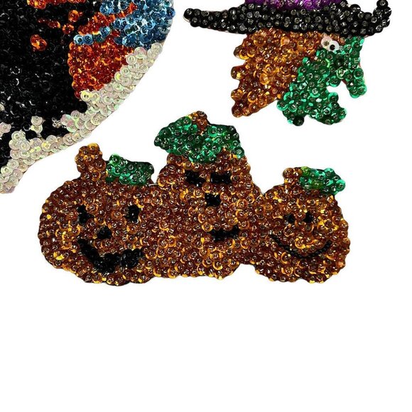 4 Vtg Homemade Halloween Frig Magnets Witches Pumpkins EUC Sequins Beads - Picture 2 of 14